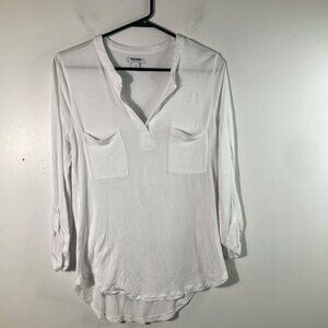 Womens Old Navy V Neck Knit Tee Tunic White S Roll Tab Sleeve Rayon Flaw
